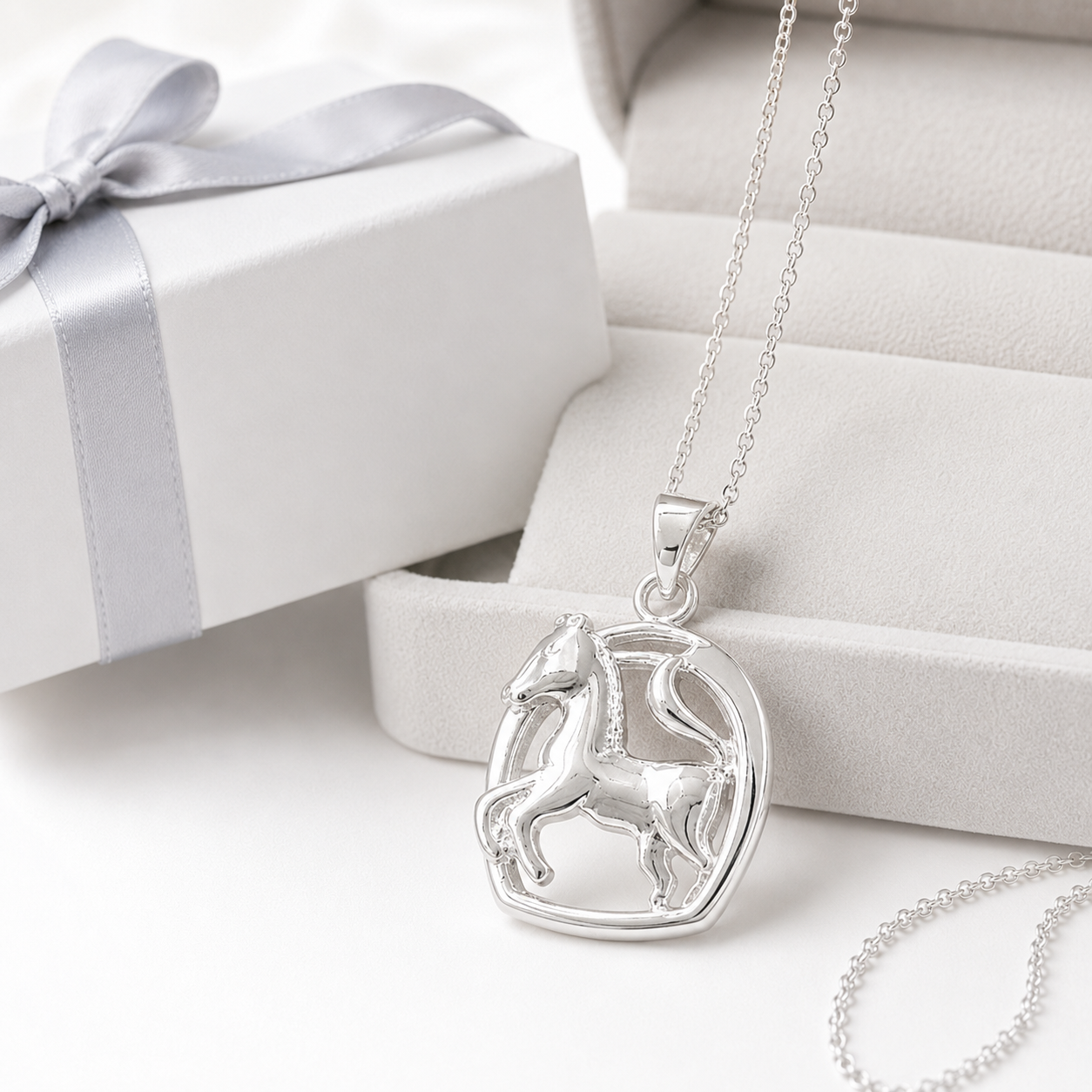 Pferdeglück Geschenkset mit Pferd-im-Hufeisen-Anhänger aus 925 Silber