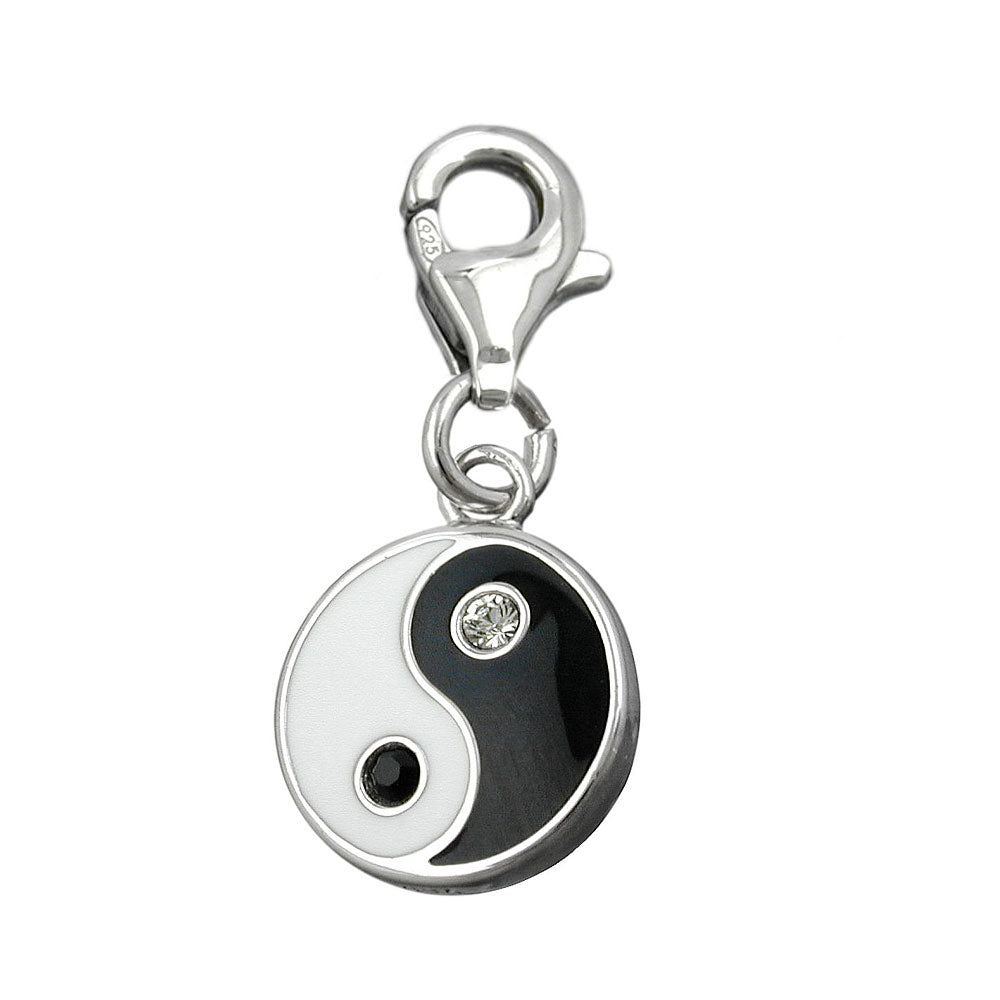 Anhänger Charm 12mm Yin Yang schwarz weiß lackiert und Glassteine Silber 925